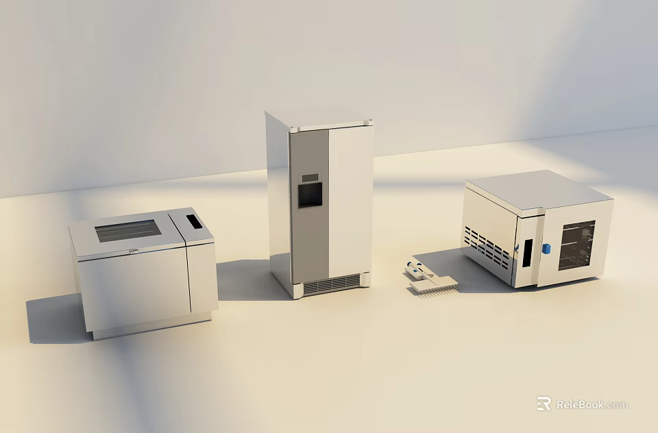 Modern Stainless Steel Kitchen Appliances Including Refrigerator Microwave And Toaster Oven 3d model 