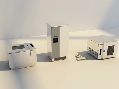 Modern Stainless Steel Kitchen Appliances Including Refrigerator Microwave And Toaster Oven 3d model