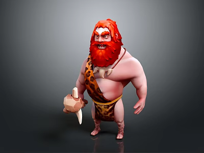 Prehistoric Caveman Character With Red Hair Beard And Leopard Skin Outfit Holding Stone Tool 3d model