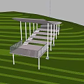 Modern Landscape Pavilion With White Roof On Green Grass Terraced Terrain Under Cloudy Sky