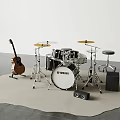 Musical Instruments Setup With Acoustic Guitar Drum Set Cymbals Stool And Speakers