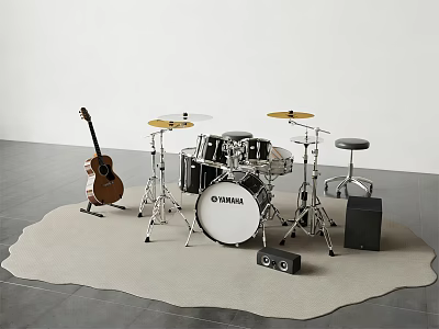 Musical Instruments Setup With Acoustic Guitar Drum Set Cymbals Stool And Speakers 3d model