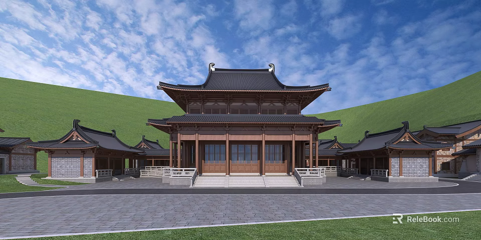 Traditional Ancient Architecture With Multi Tiered Roof Curved Eaves Courtyard And Green Hills 3d model 