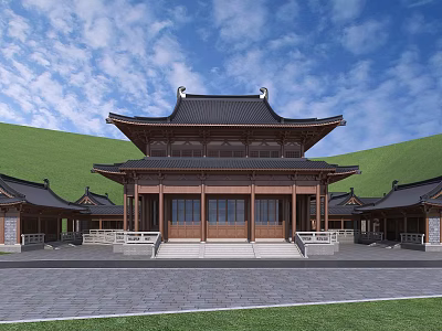 Traditional Ancient Architecture With Multi Tiered Roof Curved Eaves Courtyard And Green Hills 3d model