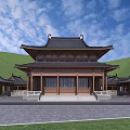 Traditional Ancient Architecture With Multi Tiered Roof Curved Eaves Courtyard And Green Hills