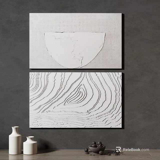 Two Abstract Paintings With Line Patterns On Gray Wall And White Vases 3d model