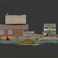 Cartoon Scene Featuring Red Houses Wooden Dock Small Boat Blue Water Green Grass Little Figure