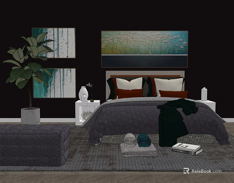 Double Bed With Dark Bedding Decorative Pillows White Nightstands Potted Plant And Wall Art 3d model 