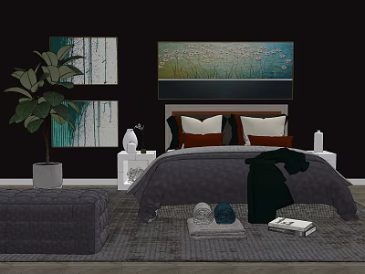Double Bed With Dark Bedding Decorative Pillows White Nightstands Potted Plant And Wall Art 3d model