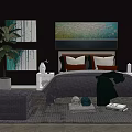 Double Bed With Dark Bedding Decorative Pillows White Nightstands Potted Plant And Wall Art