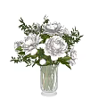 White Peony Flowers Arrangement In Transparent Glass Vase With Fresh Green Leaves And Clear Water