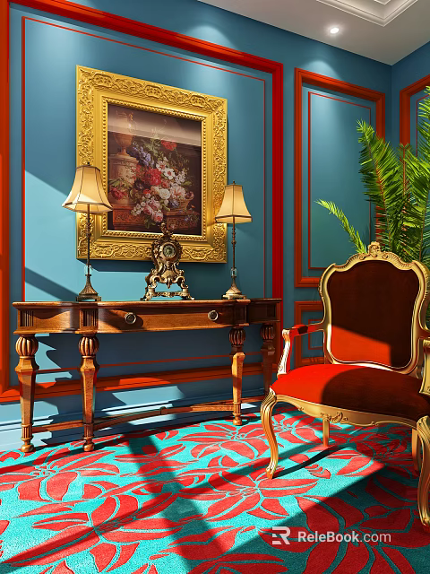 Elegant Console Table with Lamps Antique Clock and Painting in Blue Walls with Red Trim 3d model 