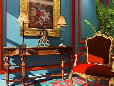 Elegant Console Table with Lamps Antique Clock and Painting in Blue Walls with Red Trim 3d model