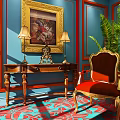 Elegant Console Table with Lamps Antique Clock and Painting in Blue Walls with Red Trim