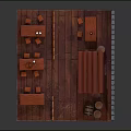 Cartoon Scene of Outdoor Wooden Tavern with Kiosk Tables Benches Barrels Fences and Brick Wall