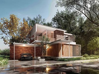 Modern Detached Villa With Red Brick Exterior Wooden Elements Black Car And Lush Trees 3d model