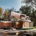Modern Detached Villa With Red Brick Exterior Wooden Elements Black Car And Lush Trees