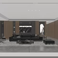 Modern Living Dining Room Interior With TV Wall Marble Coffee Table Leather Ottoman Green Plant