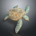Green Sea Turtle With Brownish Shell And Textured Green Flippers On Dark Background