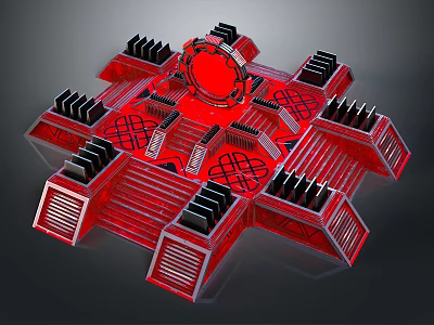 Red Geometric Architectural Structure With Central Red Sphere Symmetrical Steps And Black Accents 3d model