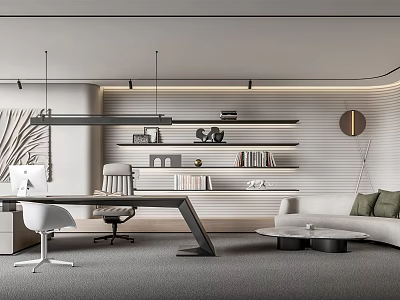 Modern Office Interior Design With Wooden Desk Comfortable Chair Floating Shelves And Linen Sofa 3d model