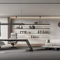 Modern Office Interior Design With Wooden Desk Comfortable Chair Floating Shelves And Linen Sofa