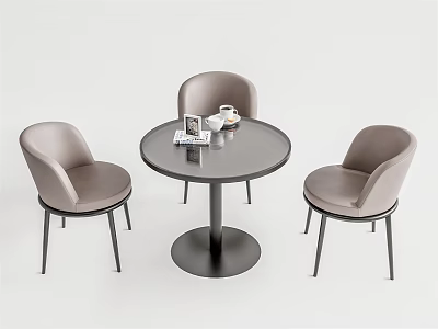 Modern Round Black Table and Chair Set with Light Gray Chairs and Glossy Surface 3d model