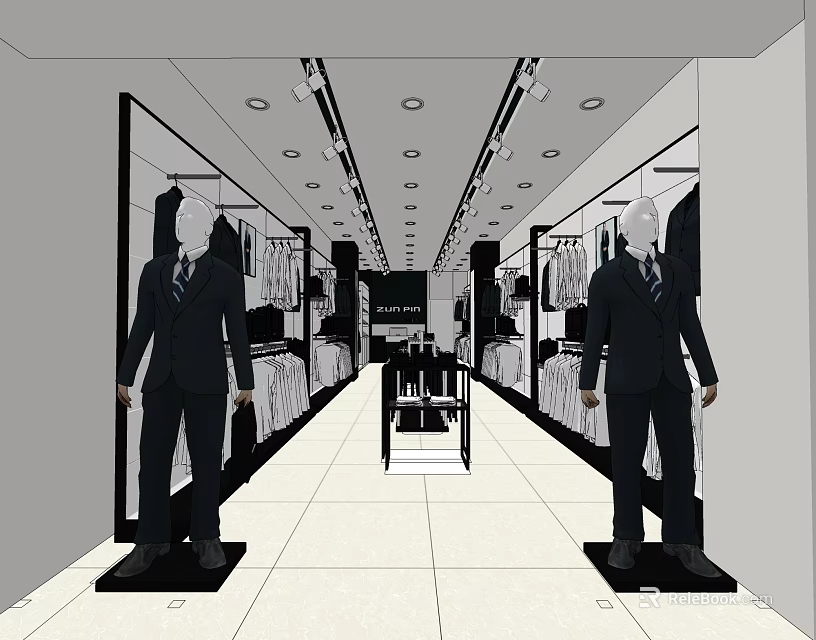Modern Men's Clothing Store Interior With Suits Mannequins Hanging Clothes And Display Tables 3d model 