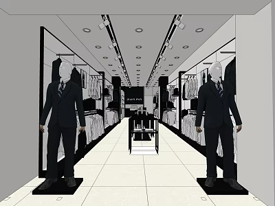 Modern Men's Clothing Store Interior With Suits Mannequins Hanging Clothes And Display Tables 3d model