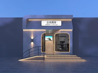Stylish Modern Public Toilet Exterior Design With Warm Ambient Lighting And Accessible Ramp 3d model