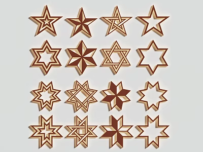 Wooden Star Shaped Wall Decor with Various Intricate Geometric Patterns Arranged in Rows 3d model