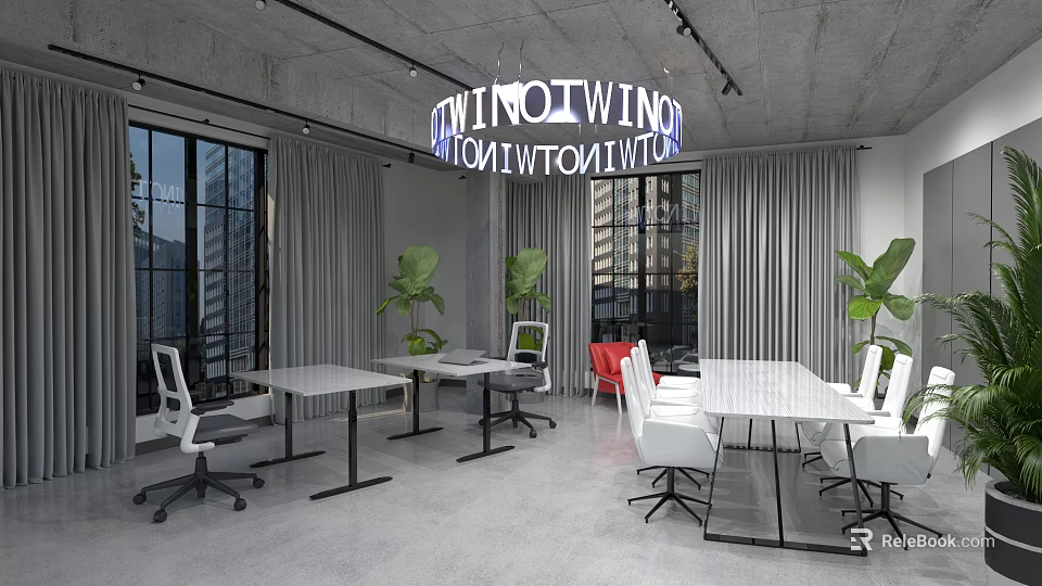 Modern Conference Room Interior With Long Tables Ergonomic Chairs Green Plants And Large Windows 3d model 