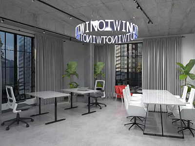 Modern Conference Room Interior With Long Tables Ergonomic Chairs Green Plants And Large Windows 3d model