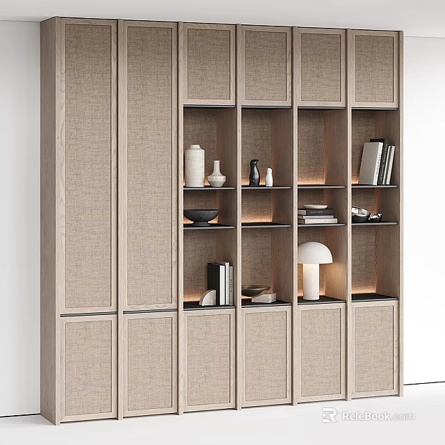 Modern Style Decorative Cabinet With Layered Design Neutral Tone And Vases Books Lamp Decorative Items 3d model 