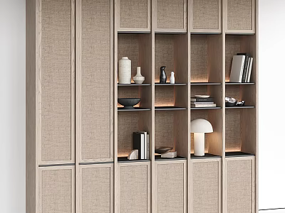Modern Style Decorative Cabinet With Layered Design Neutral Tone And Vases Books Lamp Decorative Items 3d model