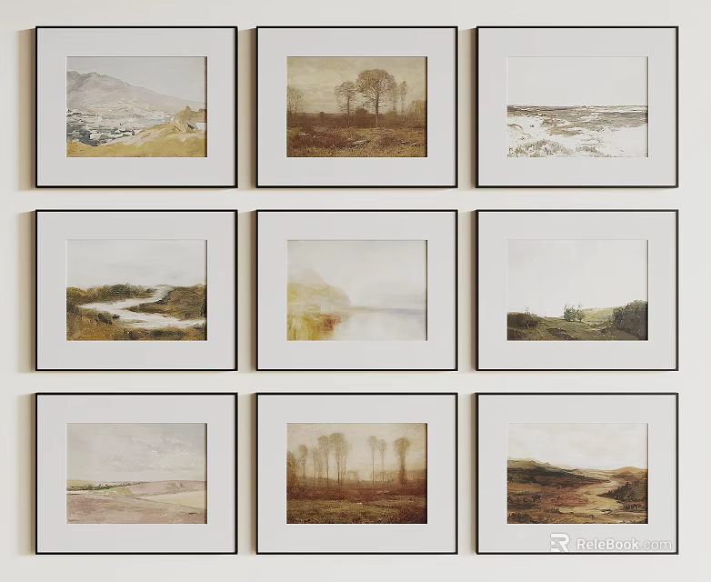 Framed Multiple Landscape Paintings On Wall With Scenic Mountain River And Tree Views 3d model 