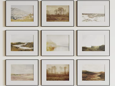 Framed Multiple Landscape Paintings On Wall With Scenic Mountain River And Tree Views 3d model