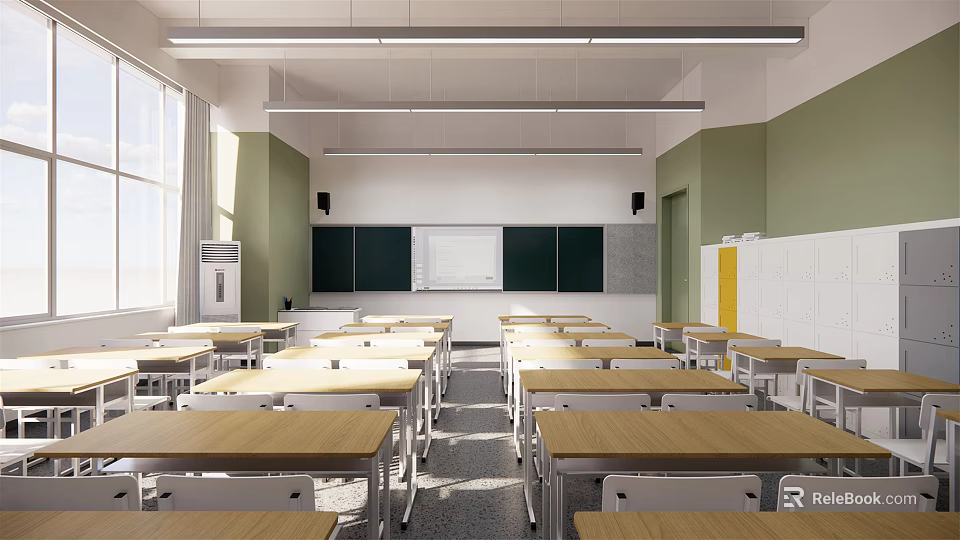 School Classroom Interior with Desks Chairs Blackboard Whiteboard Green Walls Windows and Bright Lighting 3d model 