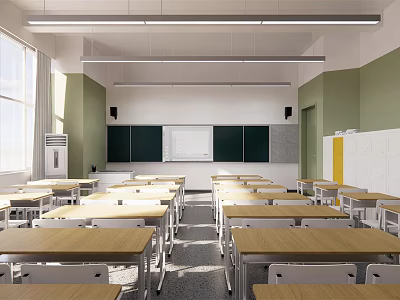 School Classroom Interior with Desks Chairs Blackboard Whiteboard Green Walls Windows and Bright Lighting 3d model