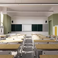 School Classroom Interior with Desks Chairs Blackboard Whiteboard Green Walls Windows and Bright Lighting