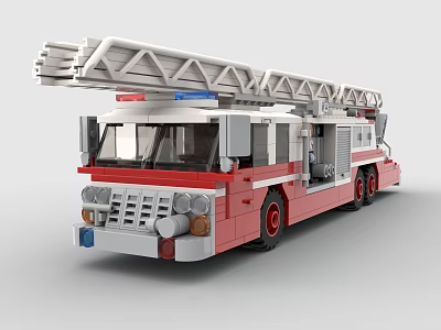 Functional Red and White Fire Truck With Extended Ladder And Emergency Lights 3d model