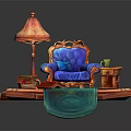 Elegant Blue Armchair With Floor Lamp Side Table And Decorative Wooden Platform