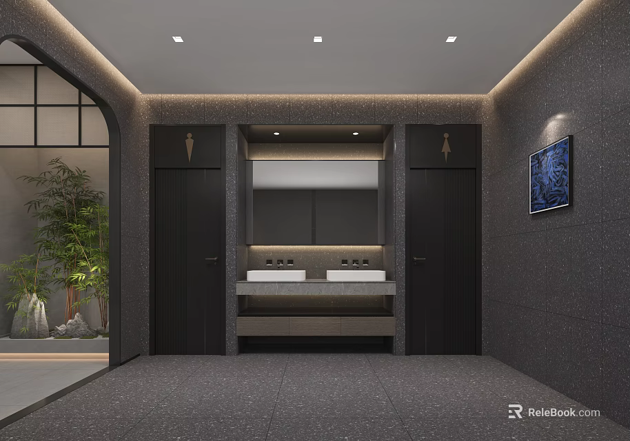 Modern Public Restroom Interior With Double Sinks Mirror Green Plants And Gray Walls 3d model 