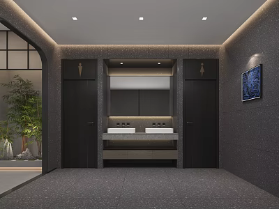 Modern Public Restroom Interior With Double Sinks Mirror Green Plants And Gray Walls 3d model