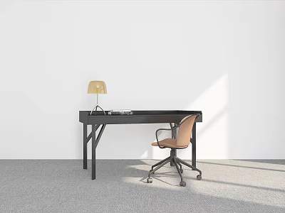 Modern Desk Setup With Lamp Office Chair And Gray Carpet In Minimalist Interior 3d model