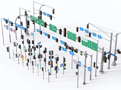 Outdoor Lights Including Traffic Lights Street Lamps And Road Signs For Urban Traffic 3d model
