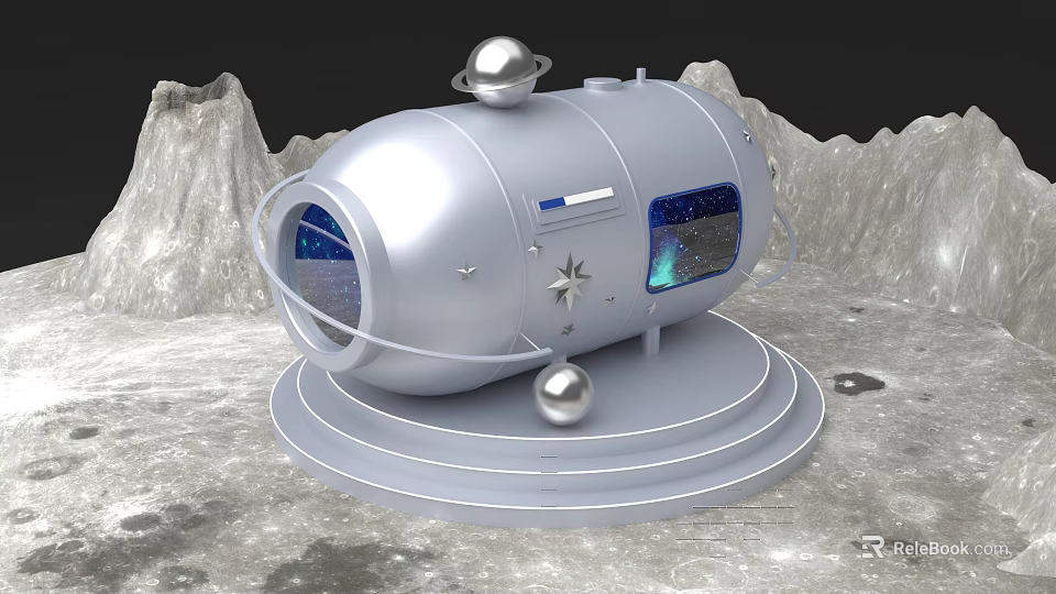 Interactive Area In Silver Space Capsule On Lunar Surface With Mountain Backdrop 3d model 