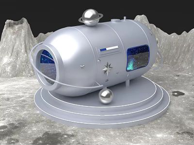 Interactive Area In Silver Space Capsule On Lunar Surface With Mountain Backdrop 3d model