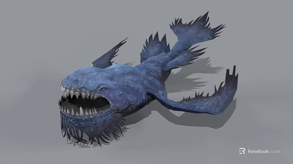 Blue Aquatic Animal With Sharp Teeth Multiple Spiky Fins And Mythical Features 3d model 
