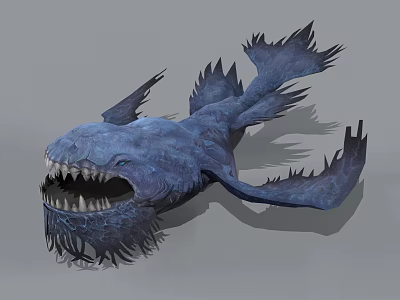 Blue Aquatic Animal With Sharp Teeth Multiple Spiky Fins And Mythical Features 3d model